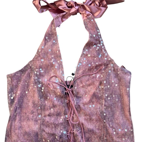 Nasty Gal Pink Sequin Lace-Up Tank Top - Picture 6 of 9